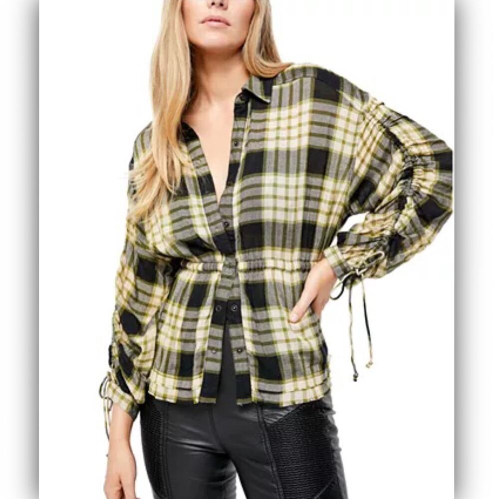 Free People Pacific Dawn Plaid Peplum Shirt Black Combo Size Medium NWT New - Picture 5 of 15